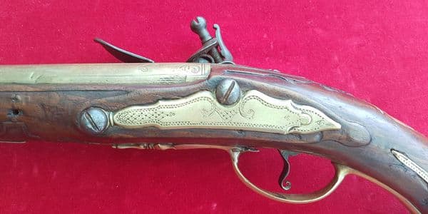 An unusually long brass mounted French flintlock pistol. Circa 1780. Ref 1511.